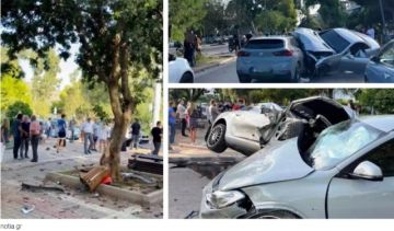Τροχαίο στην Γλυφάδα - αυτοκίνητο ''μπούκαρε'' σε παρκάκι και έπεσε σε παρκαρισμένα αυτοκίνητα.